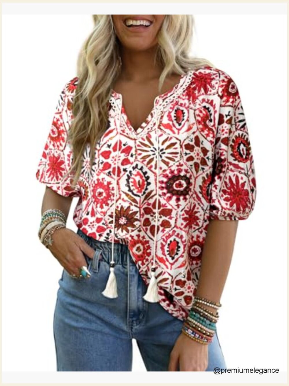 Boho Floral Print Tie Front Blouse Short Sleeve Vacation Top - Picture 2 of 7